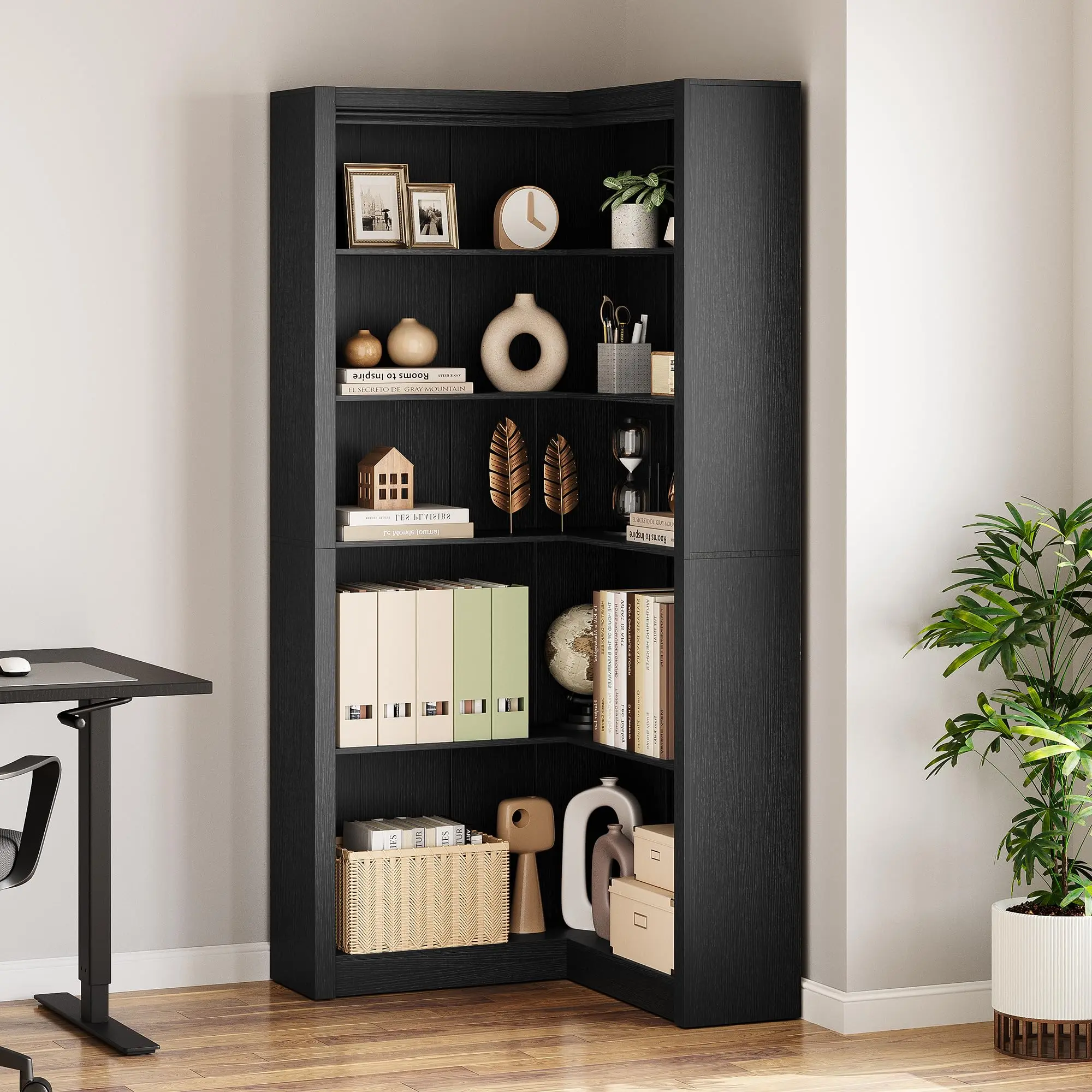 Corner Bookshelf Black, 71.8 in Corner Bookcase, L-Shaped Bookshelf Farmhouse Bookcase, 5 Tier Display Shelf Heavy Duty Bookcases, Bookshelves with Storage,Black