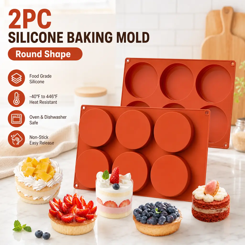 Sturdy Thick Silicone Baking Cups - 2-Pack Large 4-in Round 6-Cavity Bakery Molds, 6-Cup Batch Bake, Thick Silicone Hold, Anti-Adhesive Pan Muffin Cupcake Tins & Moulds, Reusable Easy-Demold for Cake, Cornbread