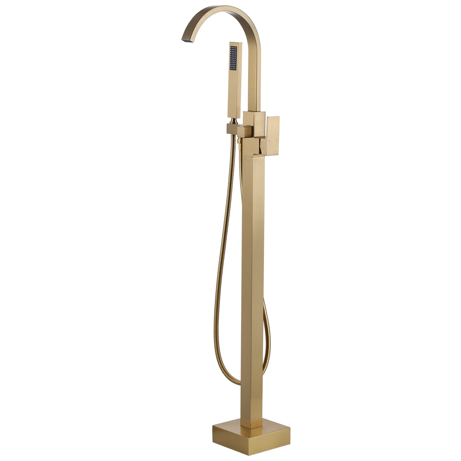 WOWOW Gold 1-Handle Freestanding Floor-Mount Bathtub Faucet - Curved Spout, Water Diverter, Handheld Shower Bathroom Tap Fixture