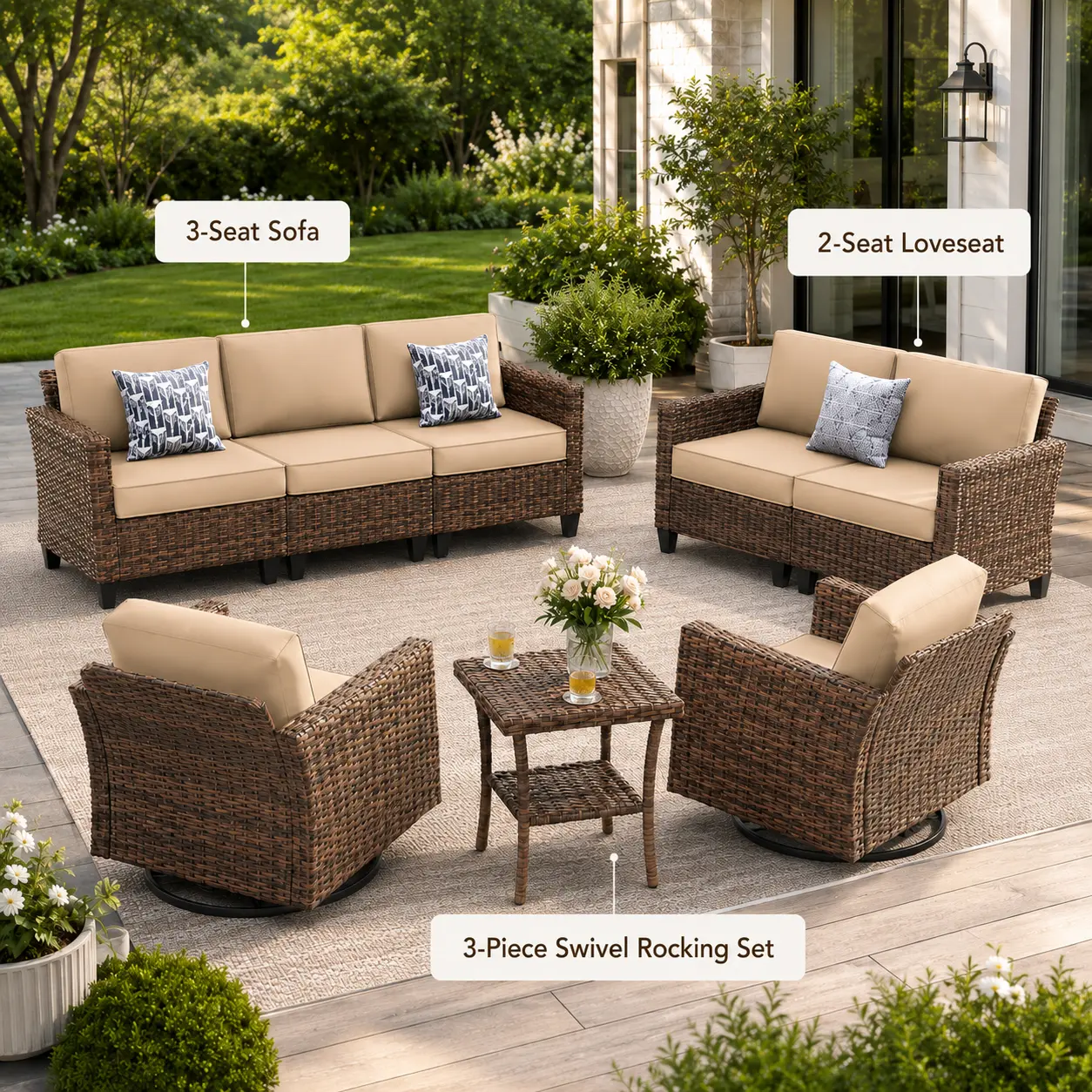 UDPATIO Modular Outdoor Wicker Patio Furniture Set, PE Rattan 3-Piece Swivel Rocking Set with 2-Seat Loveseat, 3-Seat Couch, Wicker Look & Waterproof Cover for Backyard, Porch