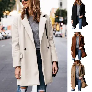SCUSTY Women's Notched Lapel Winter Wool Coat Single Breasted Pea Coats Wool Blend Blazer Jacket