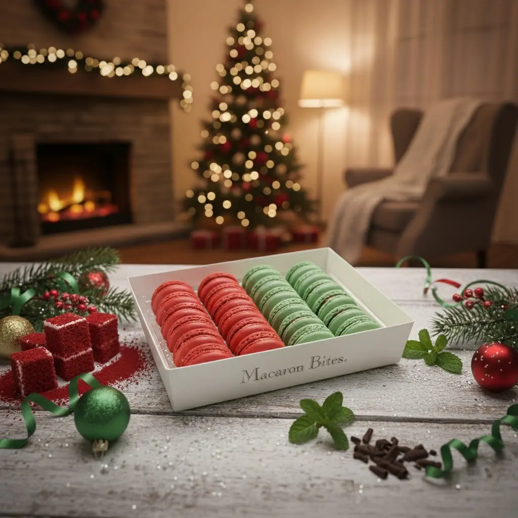 Macaron Bites: 24 French Macarons Gift Box – Red Velvet & Mint Chocolate Holiday Cookies Assortment; Gourmet European Desserts, Pastel Macaroons Sampler for Christmas & Valentine’s Day