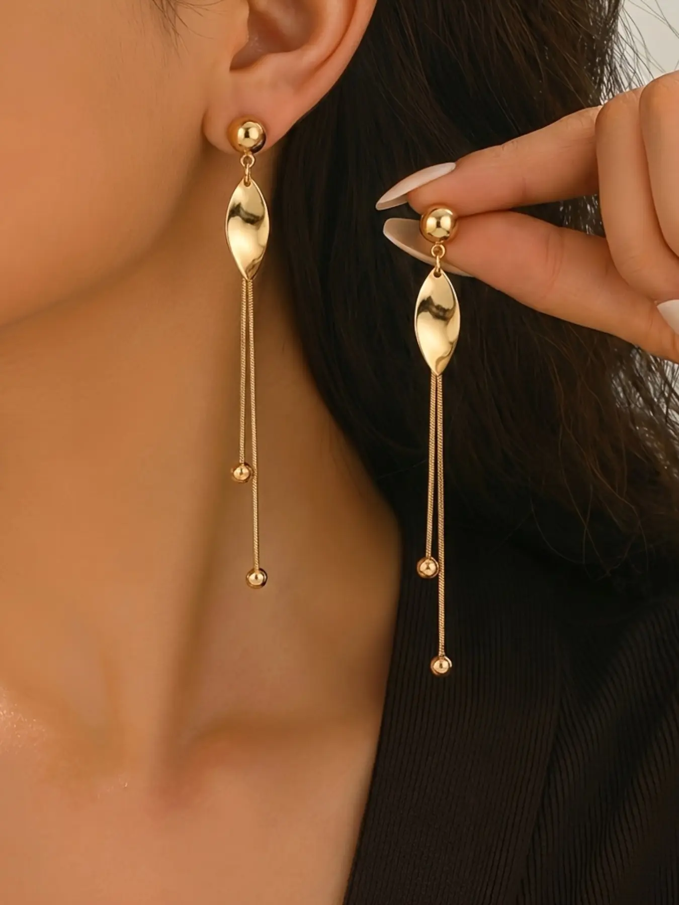 Elegant Leaf-Shaped Dangle Earrings, Snake Chain, Geometric Bead Pendant, Long Fringe Ear Jewelry, Perfect for Daily Wear, Parties, Gifts, Fashion Dangle Earrings, Dangling Earrings