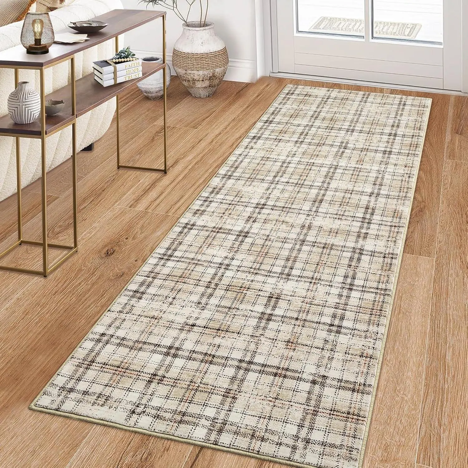 GARVEE Washable Modern Tartan Plaid Throw Rug - 2x6 ft (61x183cm) Beige, Non-Slip, Stainresist Indoor Throw Rug for Kitchen, Bedroom