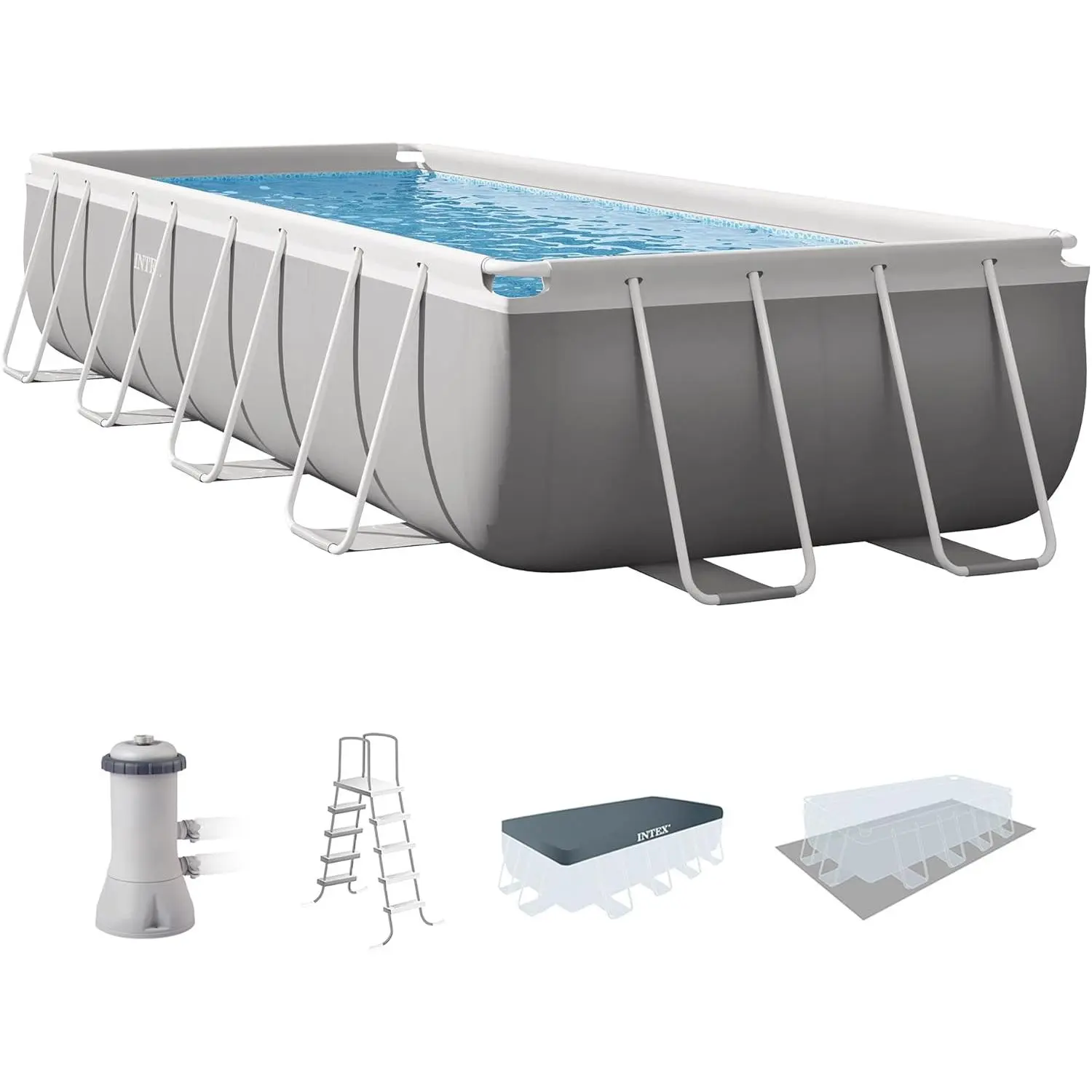 INTEX 26791EH Prism Frame Premium Rectangular Above Ground Swimming Pool Set: 16ft x 8ft x 42in, Includes 1000 GPH Cartridge Filter Pump, Removable Ladder, Pool Cover, Ground Cloth