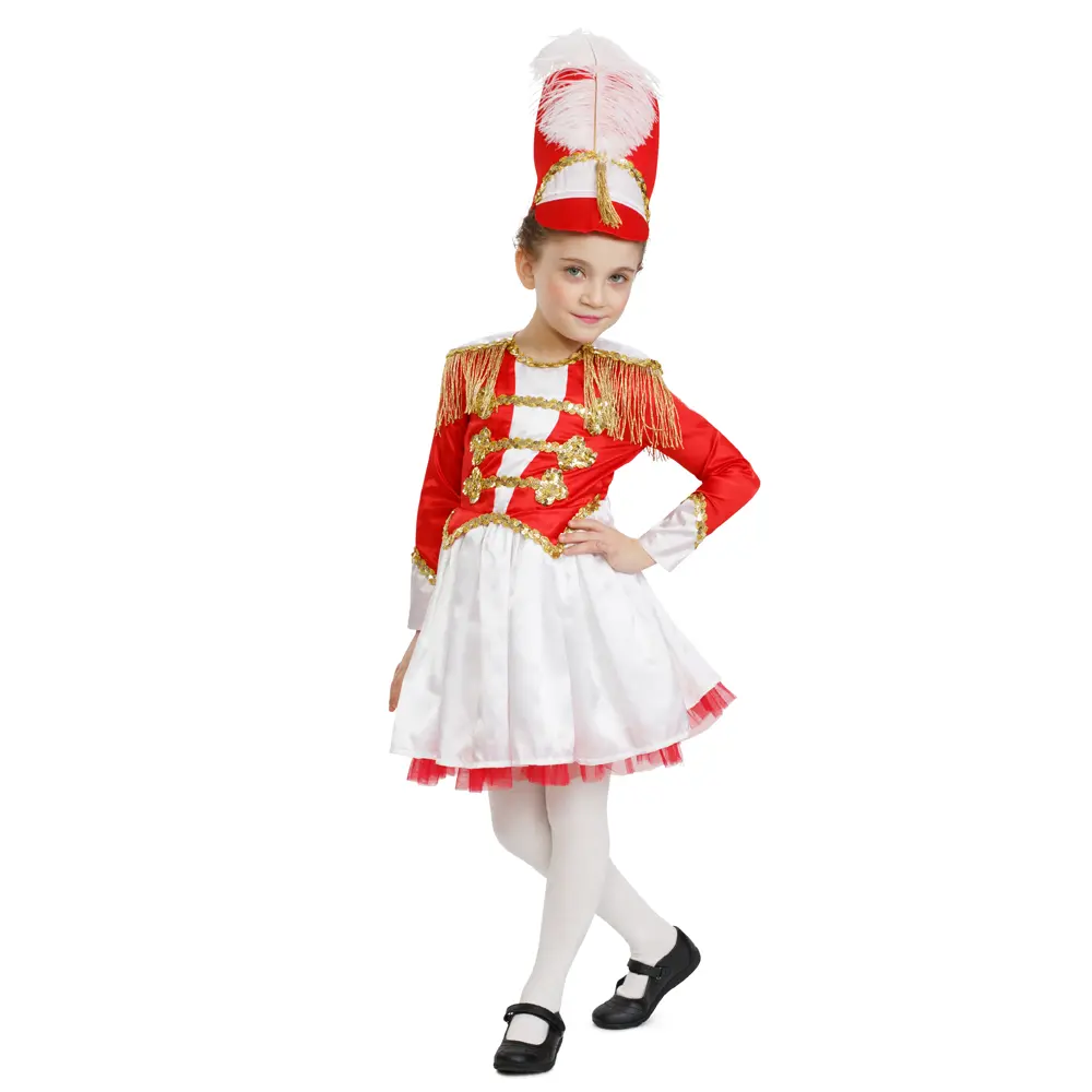 Drum Majorette Costume For Girls - Red & White Dress-Up Set with Feathered Hat Gold Trim Epaulettes Perfect For Halloween Pretend Play & Costume Party