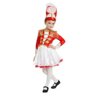 Drum Majorette Costume For Girls - Red & White Dress-Up Set with Feathered Hat Gold Trim Epaulettes Perfect For Halloween Pretend Play & Costume Party