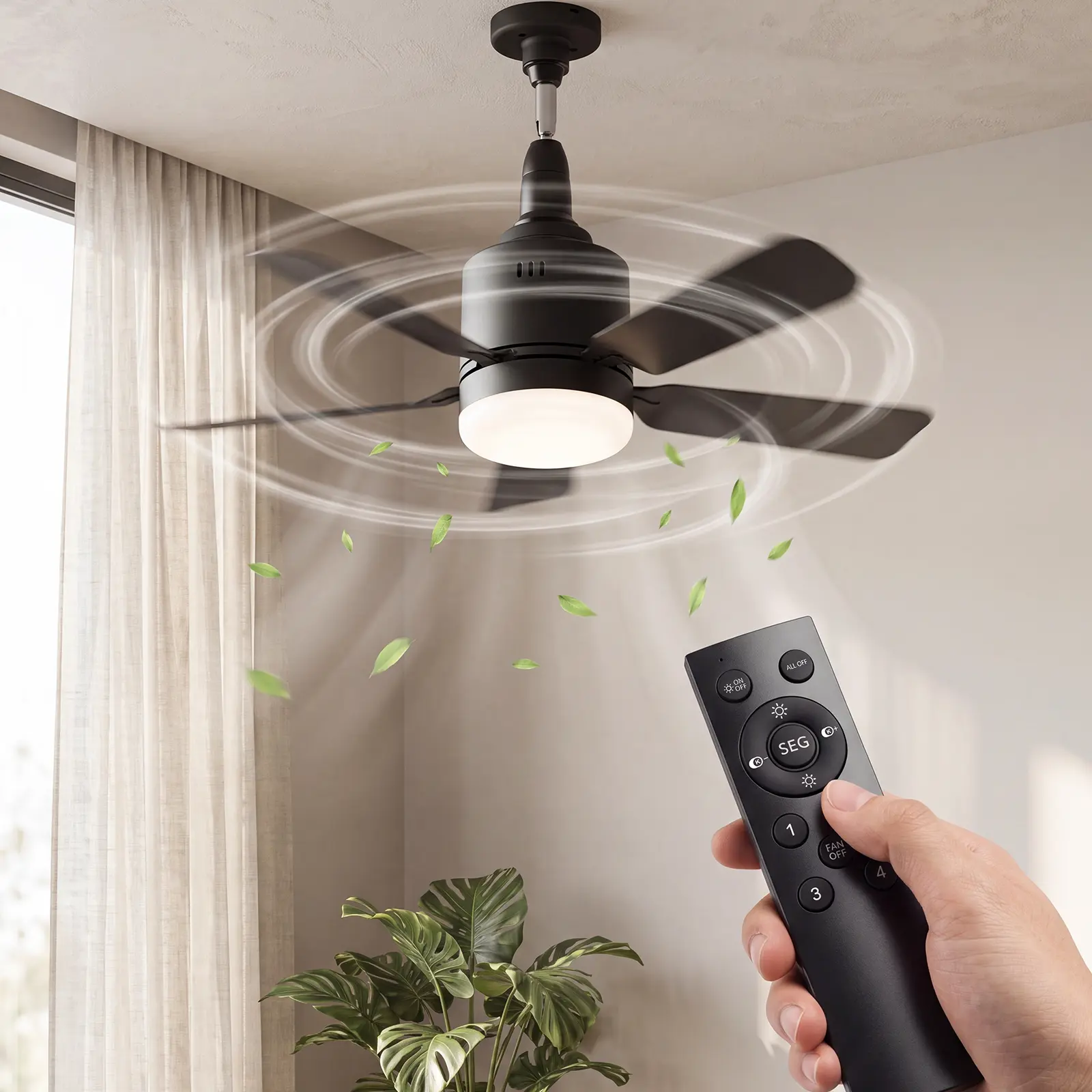 Socket Fan Light with Remote, 270° Adjustable Rotating Telescopic Rod, E27 Base Portable Hanging Fan, 5-Blade 4-Speed for Apartment, Bedroom, Kitchen, Living Room, Laundry