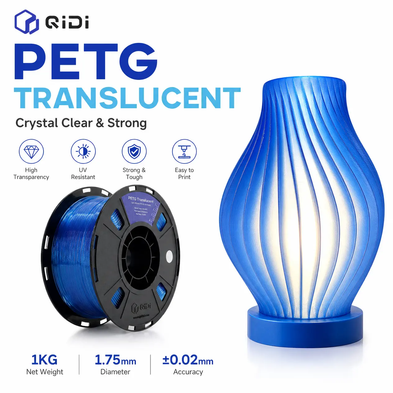QIDI PETG Translucent 3D Filament - 1.75mm, 1kg (2.2lbs) Spool with RFID Chip, Water-UV Resist, Light Diffuse, Soft Glow Effect, Dimensional Stability, Easy Printing, High-Speed Capability, Ideal for Lampshades & Decorative Elements, Frostedglass Look, 3D