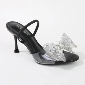 BERNESS Womens High Heeled Clear Heel Sandals Rhinestone Bow Pointed Toe Stiletto Slip On Summer Shoe for Weddings Parties Black Wedges Sandals for Summer Kitten Heels