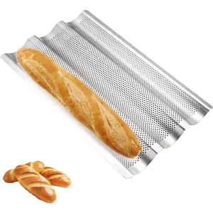 3-Slot French Bread Baking Pan Professional Non-Stick Coated Baguette Bread Tray Thickened Carbon Steel Baking Mold with Ventilation Holes Suitable for Oven Baking