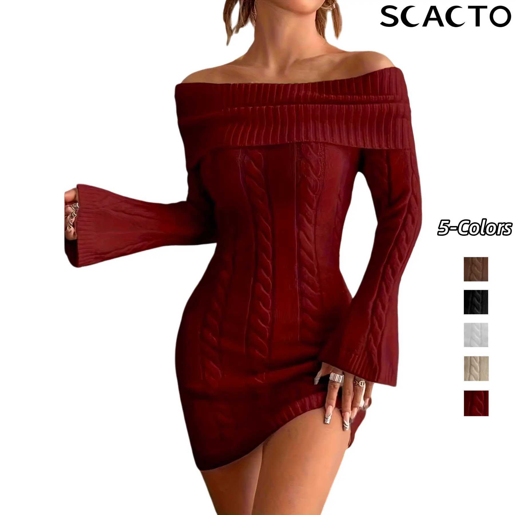 Scacto Women's Off Shoulder Bodycon Knitwear Dress Long Sleeve Dress Elegant Party Fitted Short Dresses Chic Formal Womenswear Style dress thanksgiving outfit women - Cocktail Casual Casual Basic Minimalist