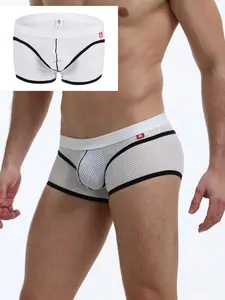 1Pc Men's Solid Sexy Boxer Briefs, Fine Mesh Breathable Texture Design, Soft Skin‑friendly Fabric, Tailored Fit, Ideal for Daily Leisure and Sports Fitness Wear, Training Underwear
