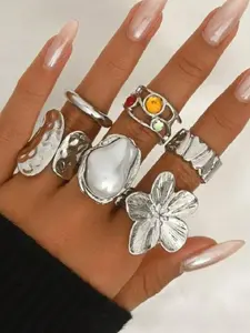 Women's Boho Style Silver Color Ring Set, Fashion Ring, Statement Rings, Floral Pattern Design, Elegant Jewelry Accessory for Daily Wear & Special Occasions