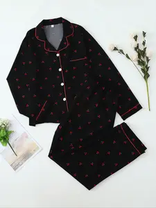 Women's Sweet Cherry Print Pajama Set, Long Sleeve Button Front Top & Pants, Casual Home Wear, Spring & Fall Sleepwear