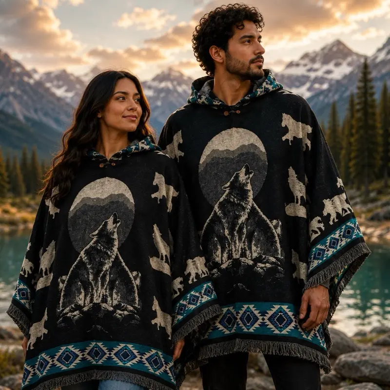 Tribal Alpaca Poncho with Animal Spirits, Howling Wolf In Forest, Poncho Designs