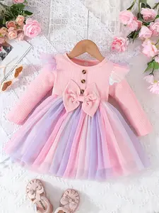 Ready Stock 80-120 Toddler Girl's Dress Ribbed Ruffle Long Sleeve Patchwork Rainbow Tulle Skirt Magical Party Dress DXF31783BY