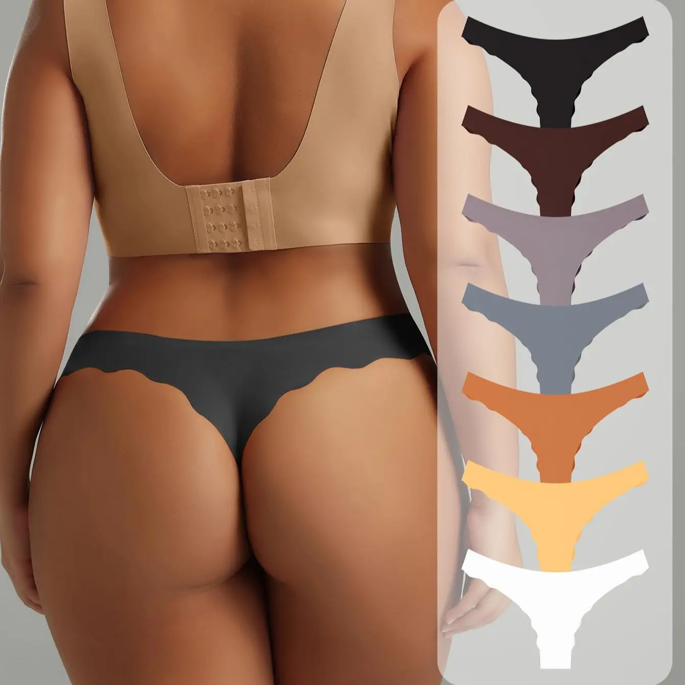 Hotcom Women's Plus Size High-Waisted Supportive Spandex Nylon Thong Panties - 7-Pack, 1XL-4XL, Chic Casual Solid Style, Seamless Scallop Trim T-Back, Breathable Elastic Fabric, for Everyday Wear