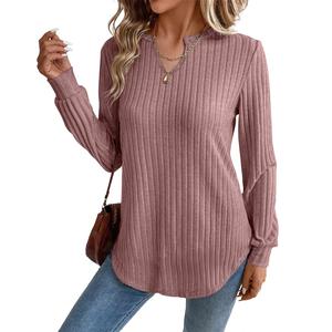 Shewin Summer Outfit Women's V-Neck Long Sleeve Striped Polyester Viscose Pullovers - Lightweight, Breathable Tops for Casual Wear Clothes DealsForYouDays