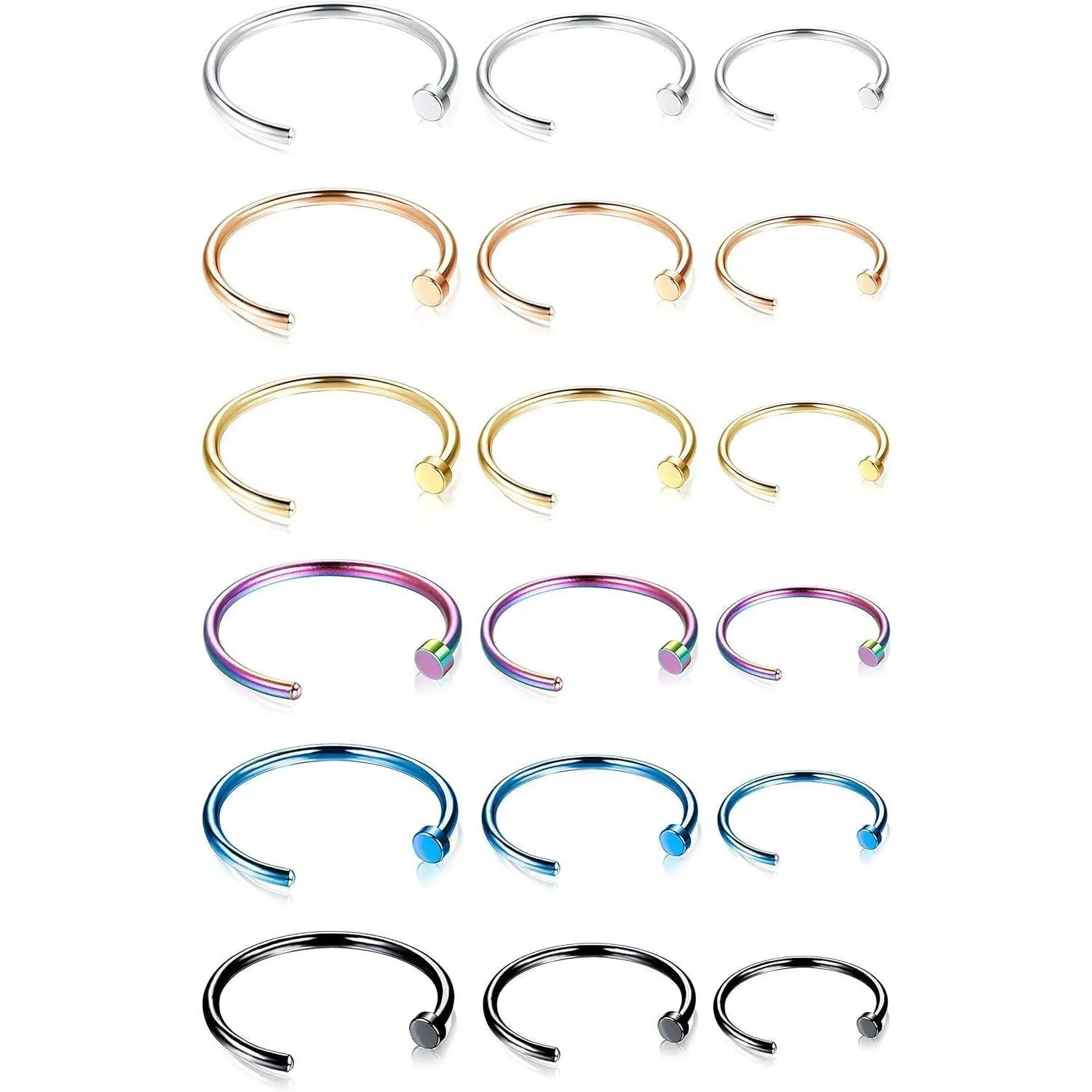FINREZIO 18PCS 22G Surgical Steel Nose Hoops, C-Shape Flat Disc Thin Nose Rings for Women, Body Piercings Set for Cartilage Tragus Ear Daily Jewelry