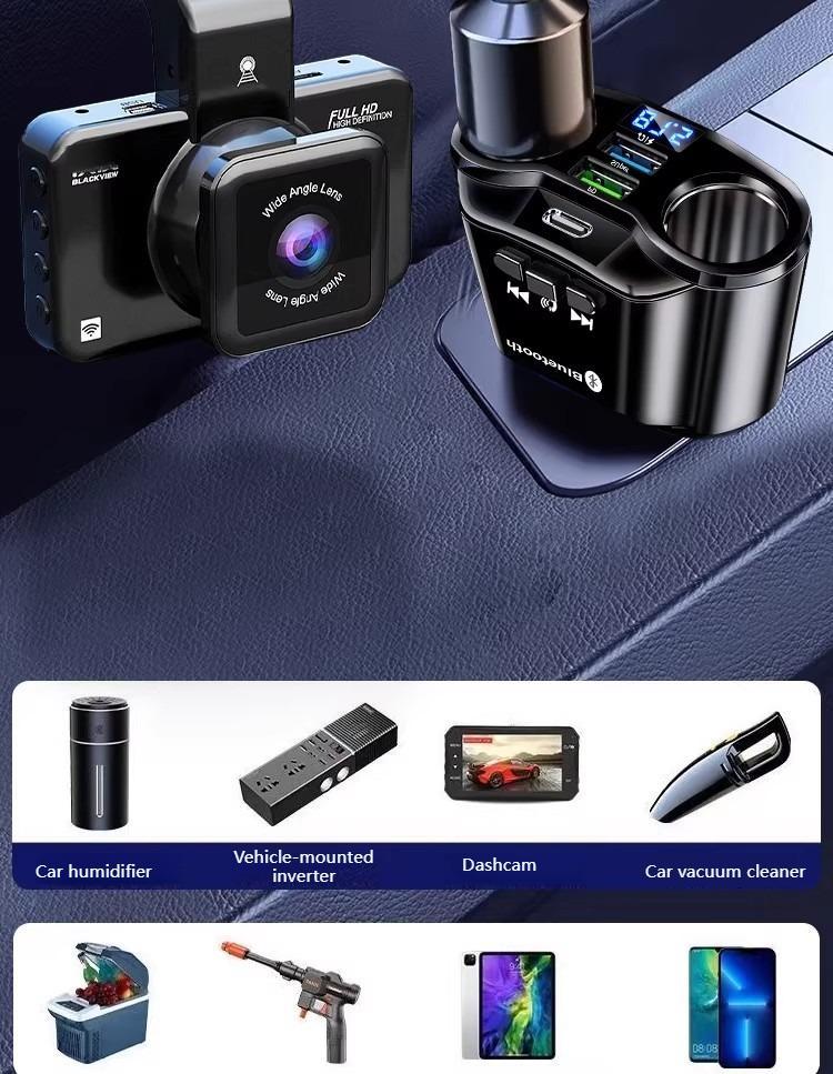 GYIOEUPT 7-in-1 Automotive Fast Charging Solution - 66W 1-to-2 Splitter Power Charger, Smart Car Charger with FM/MP3 Transmitter, Voltage Display, 12-24V DC Input, Expansion Port, Retractable Dash Mount, USB Car Connector, Anti-Lost Function