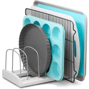 Adjustable Bakeware Rack, Cookie Sheet Baking Pan and Tray Organizer for Kitchen Cabinet and Pantry Storage, Standard, White