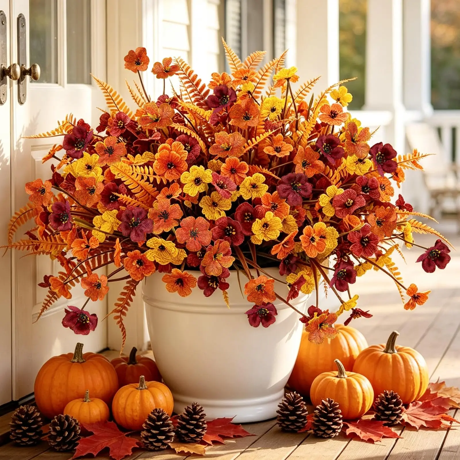 24 Bundles Fall Artificial Fake Plants Flowers for Outdoor Fall Decoration | Fake Silk Colorful Mums & Ferns Faux Flowers UV Resistant Fall Decor For Home Porch Patio Yard Garden Autumn Thanksgiving,dorm decor,dorm room decor