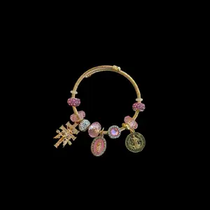 Pink, Cruz Caravaca, Virgen de Guadalupe, San Benito gold plated bracelet
