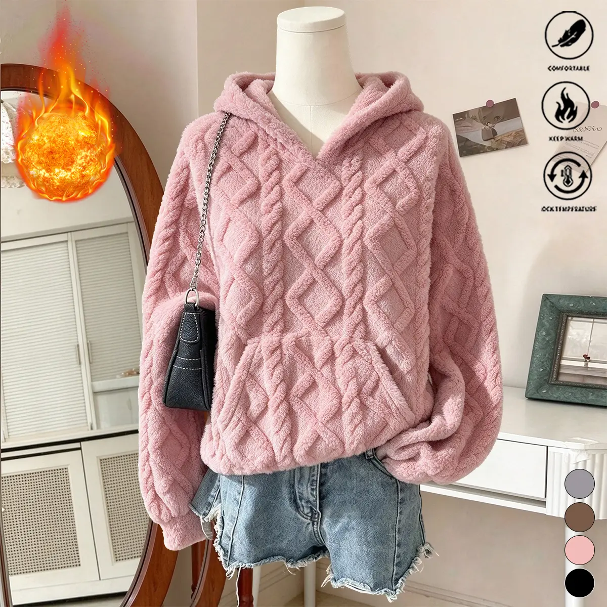 Must-have women’s autumn clothing from TikTok Shop — a pullover hoodie for everyday wear, shopping, commuting, and home outfits; fleece-lined for warmth; double-sided plush jacquard fabric; versatile, warm fleece hoodie for fall and winter, casual daily w