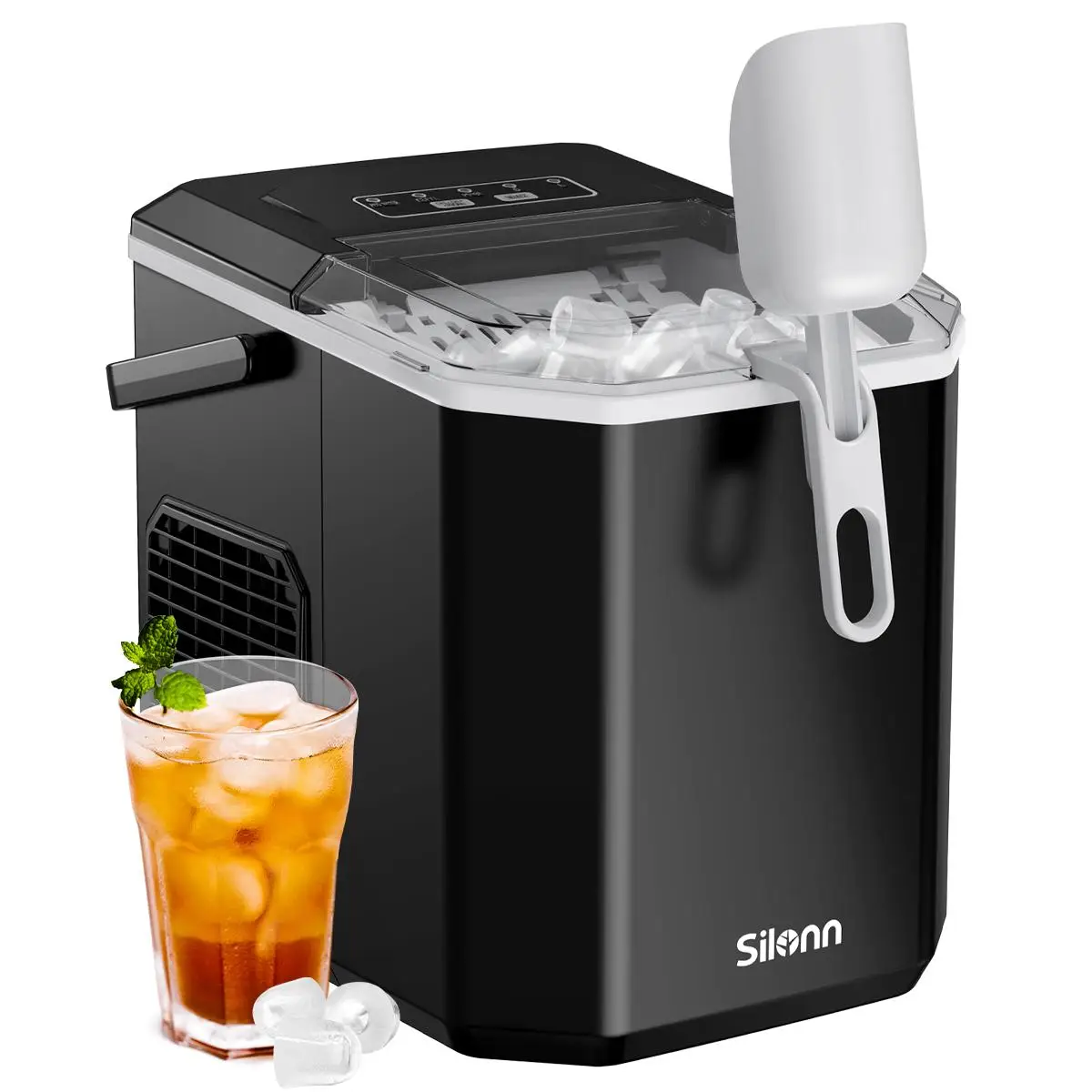 Silonn Bullet Ice Maker Machine, 9 Cubes in 6 Mins, 26 lbs daily, Self-Cleaning, Ideal kit for Home use, Kitchen, Camping, Coffee, Basket & Utensils P
