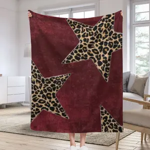 Burgundy Leopard Star Flannel Throw Blanket for Couch Sofa Bed, Ultra Soft Plush Star Pattern Fleece Blanket, Cozy Lightweight Aesthetic Room Decor for Teen Girls Women, Large 50"x60" Wine Red Gift Blanket