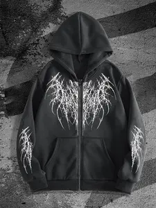 Dark Gothic Thorn Print Zipper Hoodie Unisex, Hip Hop High Street Loose Casual Cardigan Coat, Fall & Winter Street Style Fitted Sweatshirt