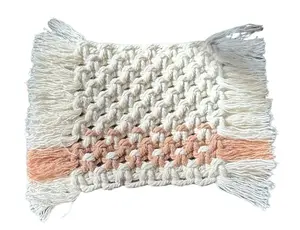 Cream with a tan stripe macrame mug rug