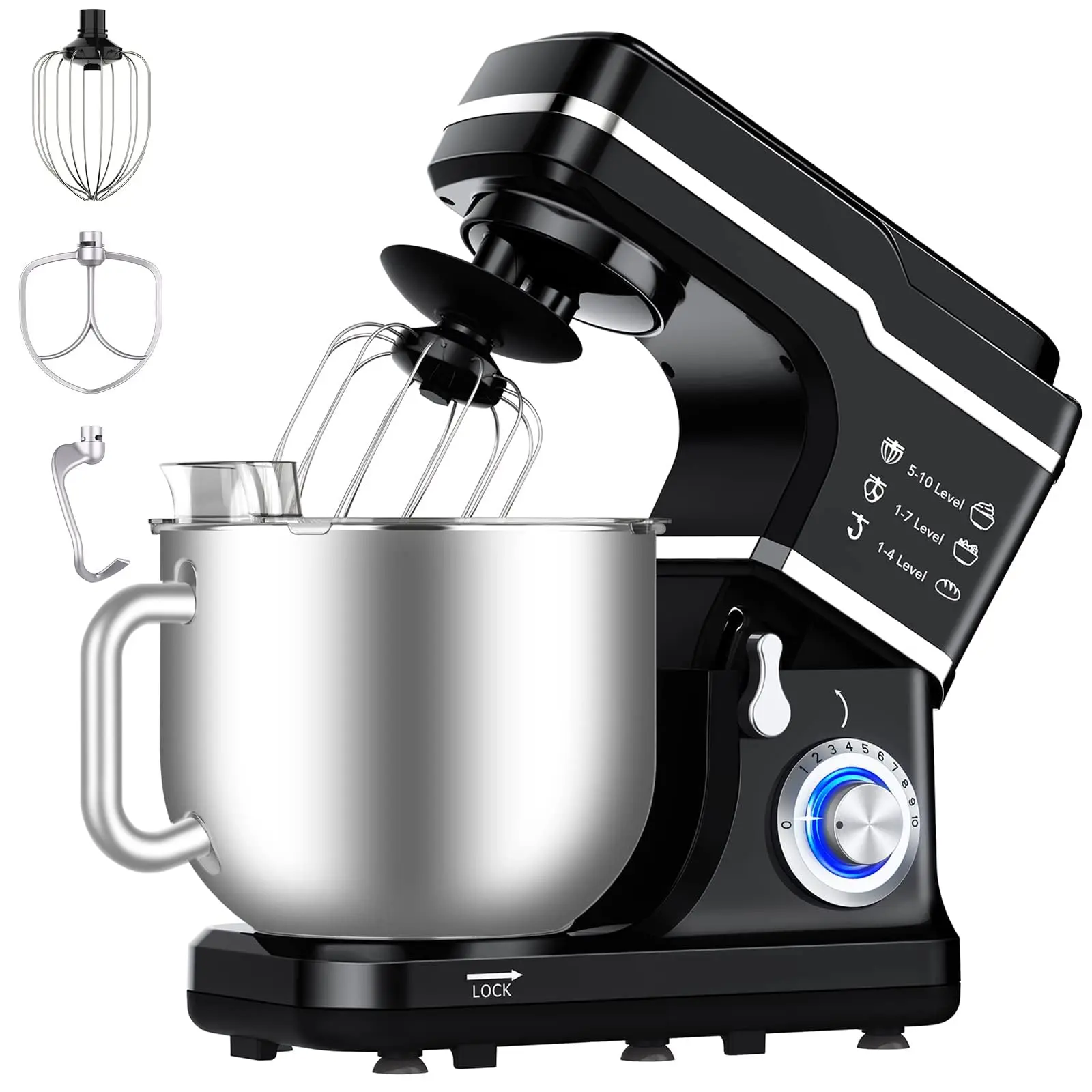 7.5 QT Black Tilt-Head Electric Food Mixer Machine - Kitchen Appliance with Copper Motor, 10 Settings, Consistent Power, Stainless Steel Bowl, Dough Hook, Wire Whisk, Beater, Splash Guard for Home Cooks, Kitchen Mixer