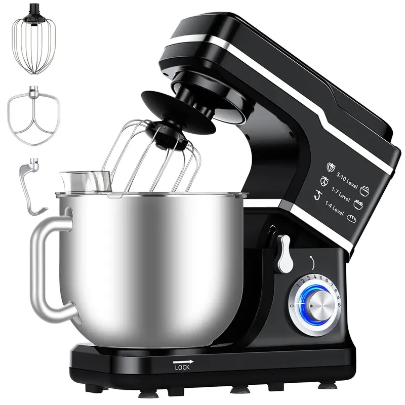 7.5 QT Black Tilt-Head Electric Food Mixer - 660W Steady Power, Copper Motor, 10 Settings, Stainless Mixing Bowl, Dough Hook Knead, Wire Whisk, Beater, Splash Guard, Dishwasher Safe Set for Home Cooks, Ideal for Sauces