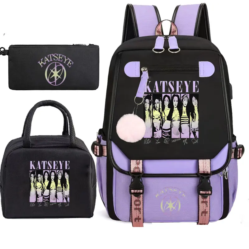 Color Block Katseye Themed Backpack Kit, 3-in-1 Set with Stationery Pouch and Lunch Tote for Students