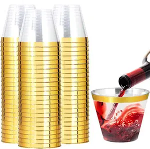 100pcs 9oz Gold Rim Disposable Plastic Cups, Elegant Hard Plastic Tumblers for Parties Weddings Holidays, Stackable Dessert Cups for Cocktails Wine Juice, 100 Pack Bulk Drinking Cups