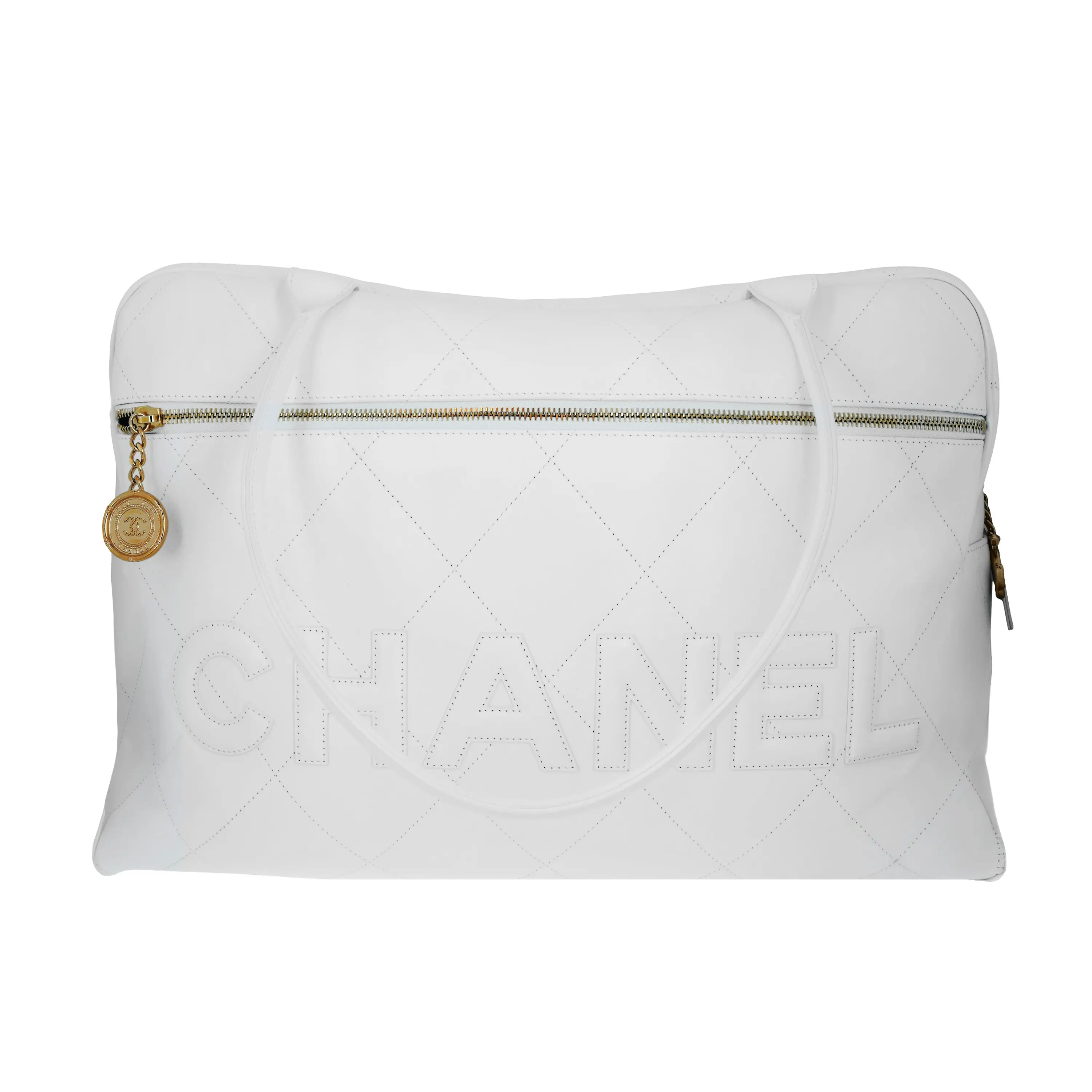 Pre-owned CHANEL Calfskin Luggage Stitched Logo Bowler Bag Maxi White