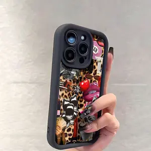 Black high-quality bamboo, sweet and spicy leopard print and lip print pattern phone case,  shockproof and drop-resistant phone case, compatible with iPhone 17 16 15 14 13 12 11 PRO MAX PLUS,AIR Mini SE XS MAX,a perfect holiday gift for friends and fami