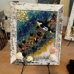 Whale Resin Art - Framed Ocean Scene with Shells and Glass Beads - Decorative Wall Art for Home Decor