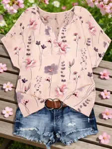 Plus Size Light Crushed Flower Batwing Sleeves Blouse, Small V Neck + Irregular Hem, Breathable Lightweight, Casual Vacation