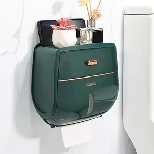 Upgraded Strong Adhesive Toilet Paper Holder with Large Drawer A Bath room Accessory Emerald Green Wall Mounted Bathroom Tissue Dispenser with Phone Shelf, Fits All Mega Rolls, Waterproof No Drill Bathroom Organizer