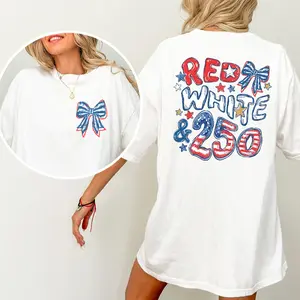 Red White & 250 Comfort Colors Shirt, Patriotic Bow America 250 Tee, Fourth of July 2026 Graphic T-Shirt for Women