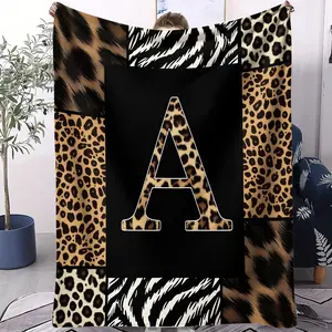 Retro Fashion Leopard and Letter Print Flannel Blanket, Soft and Fluffy, Warm and Breathable, Perfect for Trendy Youths to Use at Home, Office and Travel, Ideal Gift for Family and Friends
