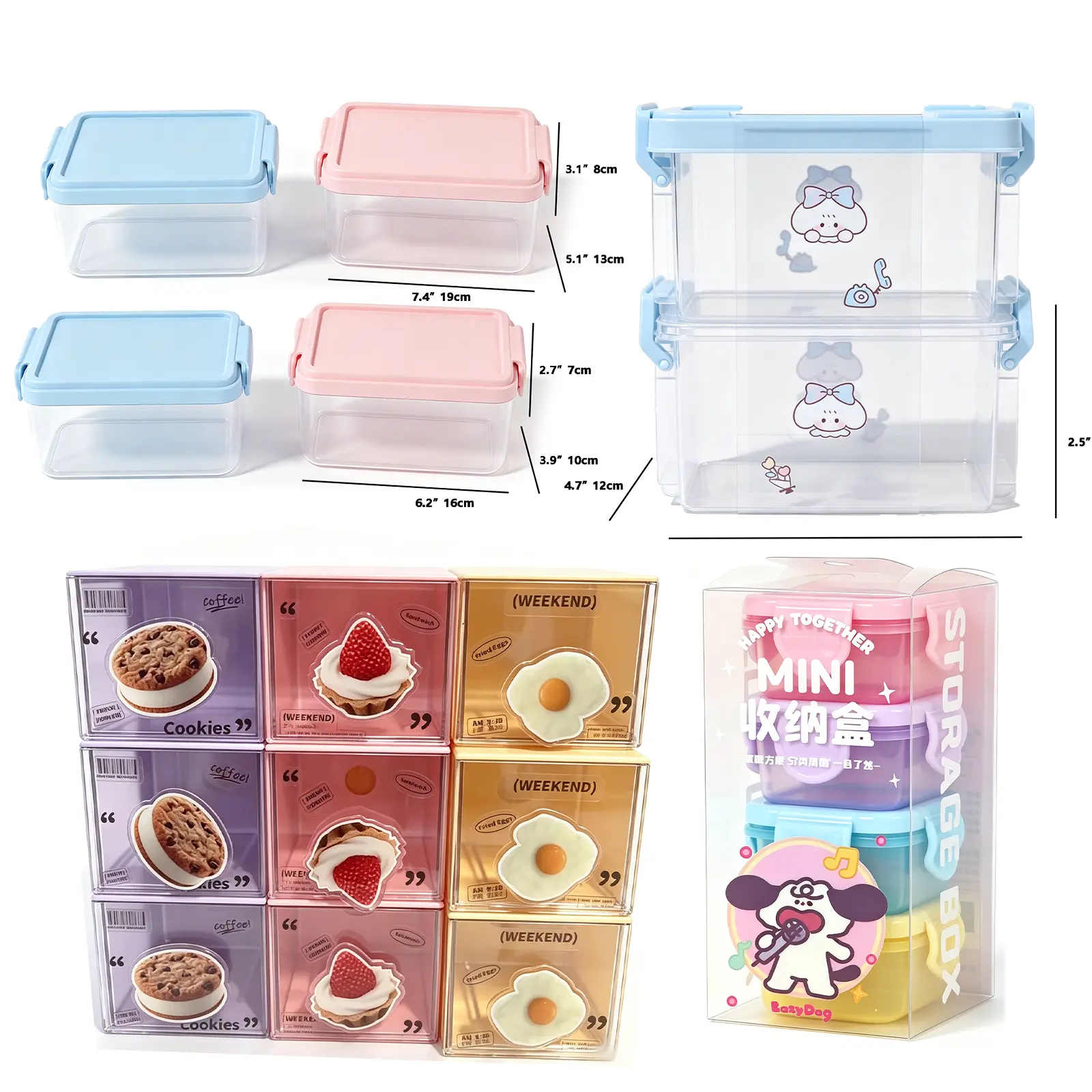 5Sets Cute Stackable Clear Mini Storage Box, Desktop Organizer Case with Lid, Plastic Storage Caddy for Jewelry Makeup Stationery Craft Supplies Home Office