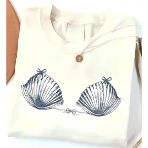 Women's 90s Vintage Ribbed Fabric Seashell T-Shirt - Comfortable Fit Casual Sport Top with Bow, Preppy Coquette Coastal Apparel for Summer Trips, Ocean Lover Wear
