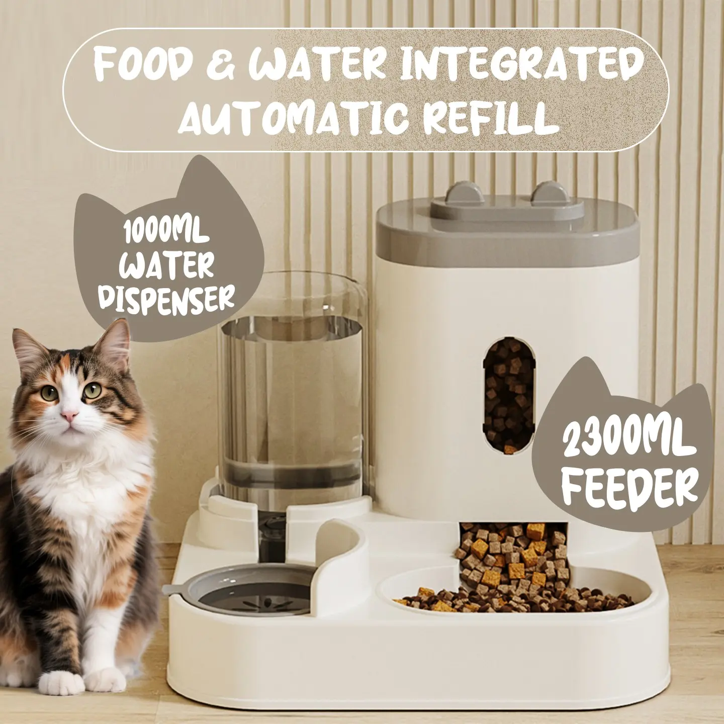 Pet Food and Water Dispenser, 1L+2.3L Capacity, Dual Pet Feeder, Dry Wet Separation, Auto Refill, Anti-Jamming, Large Capacity, Wet Food Automatic Feeder, Feeders With Lid