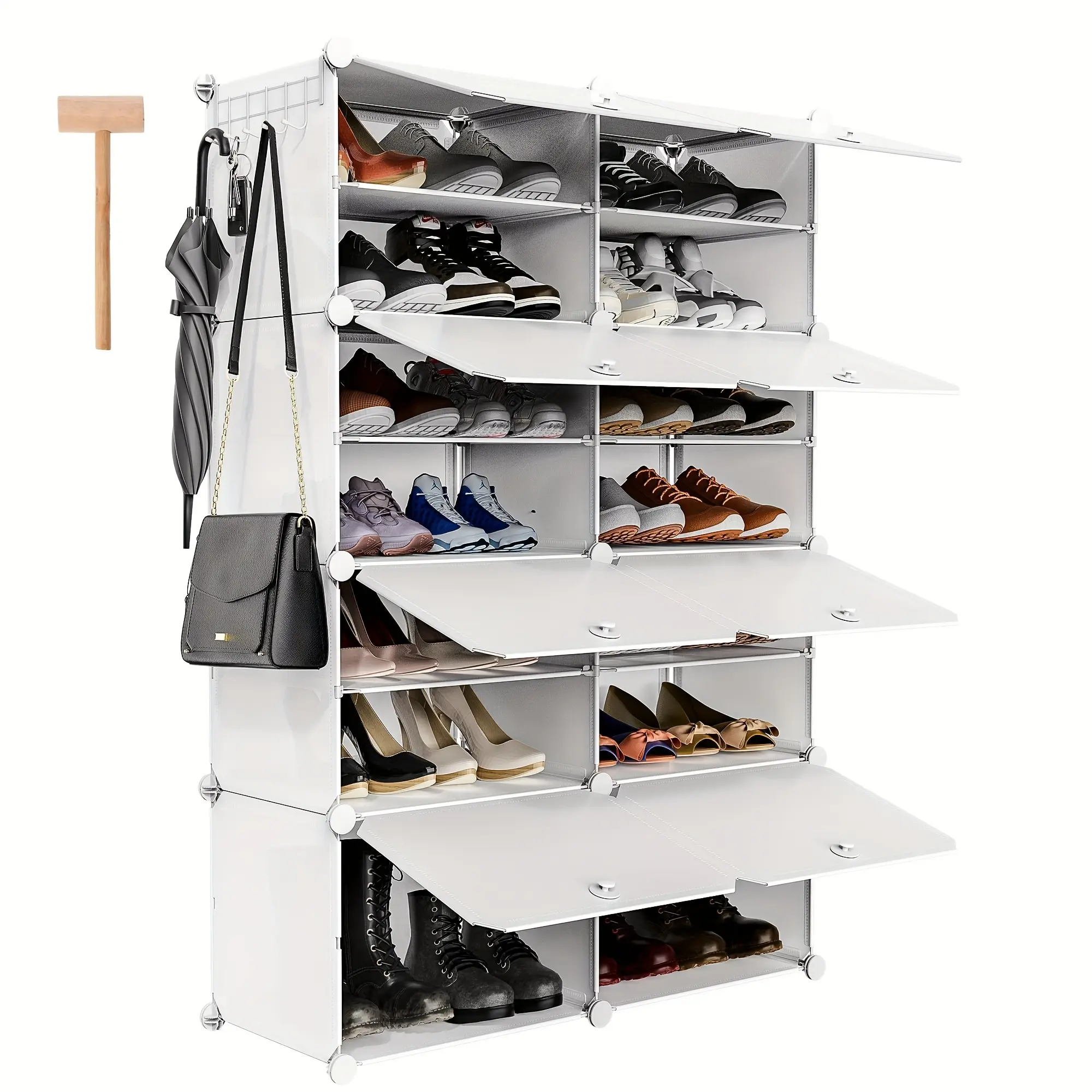 8-Tier Expandable Portable Folding Shoe Cabinet - Contemporary Style Shoe Organizer with 16 Grids Storage Shelves for Heels Boots Slippers - Space-Saving Entryway Hallway Storage Solution with Durable Plastic Construction