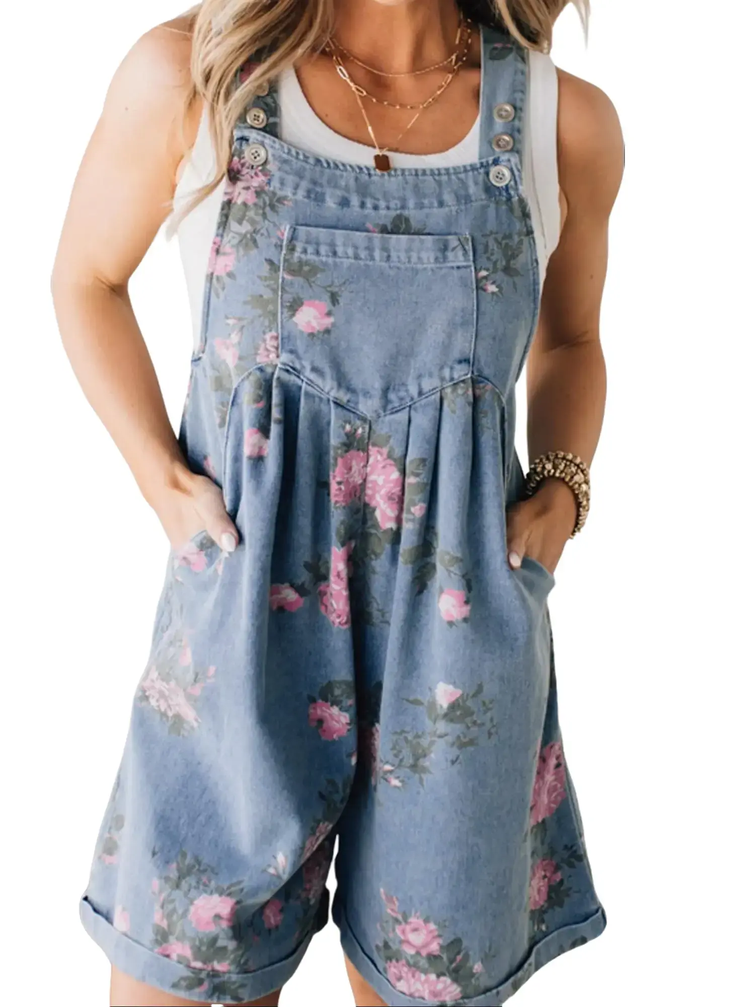 PHEFEE Women's Floral Print Denim Shortalls Casual Vintage Overall Shorts Adjustable Strap Romper Jumpsuit with Pockets