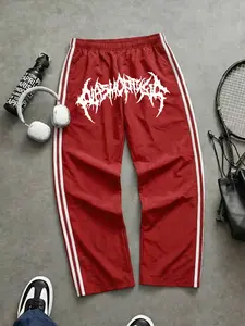 Men's Y2K Style Drawstring Waist Sports Pants, Gothic Print, Casual Straight Leg, Velvet Fabric, Fashionable Outdoor Leisure Wear